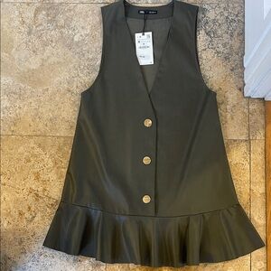 Zara olive green leather Sleeveless Dress with Metallic Buttons size m NEW